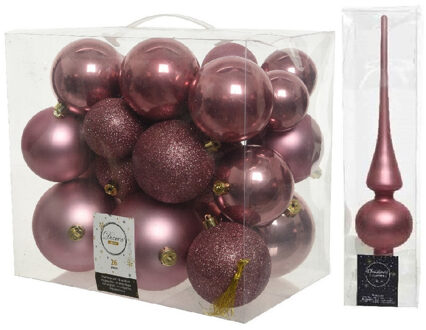 Decoris Kerstversiering kunststof kerstballen met piek oud roze 6-8-10 cm pakket van 27x stuks - Kerstbal