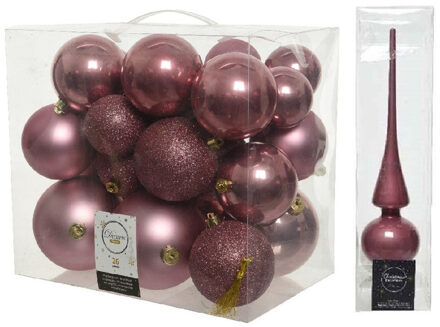 Decoris Kerstversiering kunststof kerstballen met piek oud roze 6-8-10 cm pakket van 27x stuks - Kerstbal