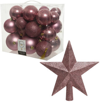 Decoris Kerstversiering kunststof kerstballen met piek oud roze 6-8-10 cm pakket van 27x stuks
