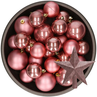 Decoris Kerstversiering kunststof kerstballen met piek oud roze 6-8-10 cm pakket van 45x stuks - Kerstbal