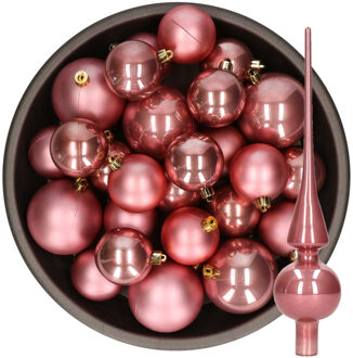 Decoris Kerstversiering kunststof kerstballen met piek oud roze 6-8-10 cm pakket van 45x stuks - Kerstbal