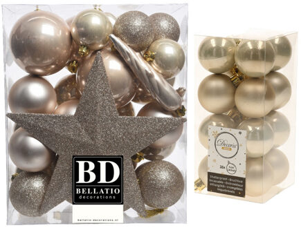 Decoris Kerstversiering kunststof kerstballen met piek parel/champagne 4-5-6-8 cm pakket van 49x stuks - Kerstbal Champagnekleurig