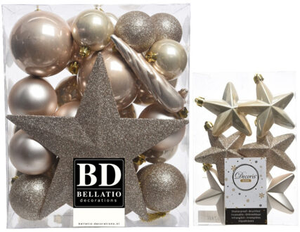 Decoris Kerstversiering kunststof kerstballen met piek parel/champagne 5-6-8 cm pakket van 39x stuks