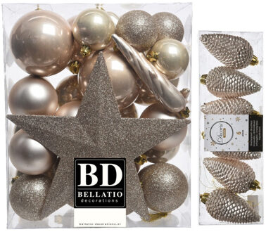 Decoris Kerstversiering kunststof kerstballen met piek parel/champagne 5-6-8 cm pakket van 39x stuks