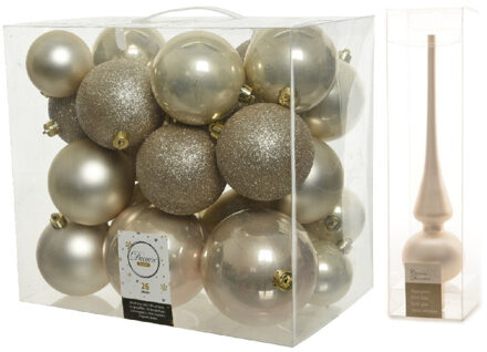 Decoris Kerstversiering kunststof kerstballen met piek parel/champagne 6-8-10 cm pakket van 27x stuks - Kerstbal Champagnekleurig