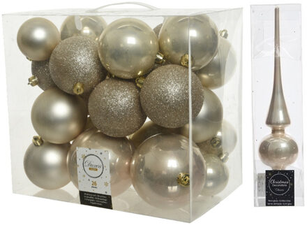 Decoris Kerstversiering kunststof kerstballen met piek parel/champagne 6-8-10 cm pakket van 27x stuks - Kerstbal Champagnekleurig