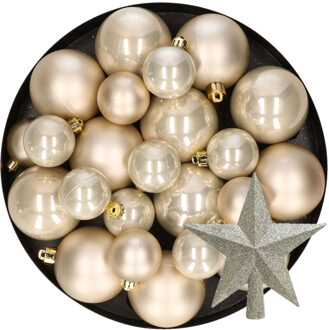 Decoris Kerstversiering kunststof kerstballen met piek parel/champagne 6-8-10 cm pakket van 45x stuks