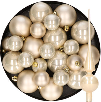 Decoris Kerstversiering kunststof kerstballen met piek parel/champagne 6-8-10 cm pakket van 45x stuks