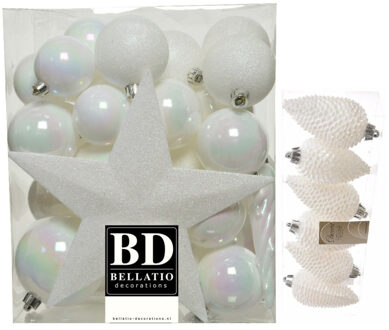 Decoris Kerstversiering kunststof kerstballen met piek parelmoer wit 5-6-8 cm pakket van 39x stuks