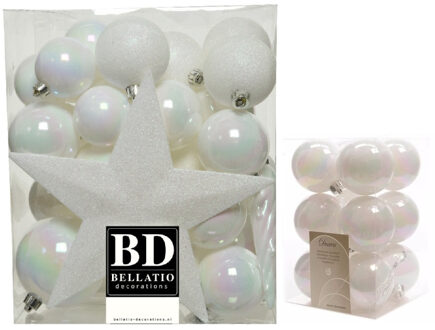 Decoris Kerstversiering kunststof kerstballen met piek parelmoer wit 5-6-8 cm pakket van 45x stuks