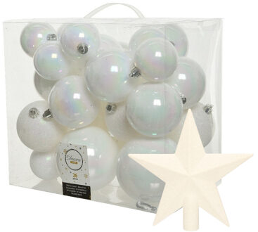 Decoris Kerstversiering kunststof kerstballen met piek parelmoer wit 6-8-10 cm pakket van 27x stuks