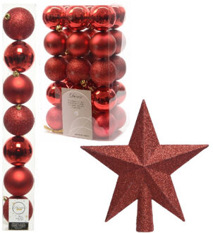 Decoris Kerstversiering kunststof kerstballen met piek rood 4-5-6-8 cm pakket van 34x stuks - Kerstbal