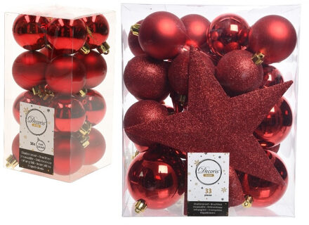 Decoris Kerstversiering kunststof kerstballen met piek rood 4-5-6-8 cm pakket van 49x stuks
