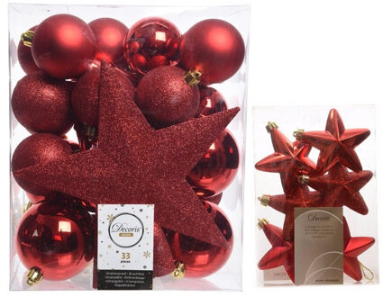 Decoris Kerstversiering kunststof kerstballen met piek rood 5-6-8 cm pakket van 39x stuks