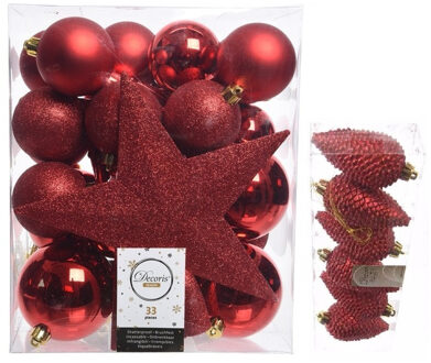 Decoris Kerstversiering kunststof kerstballen met piek rood 5-6-8 cm pakket van 39x stuks