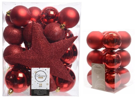 Decoris Kerstversiering kunststof kerstballen met piek rood 5-6-8 cm pakket van 45x stuks - Kerstbal