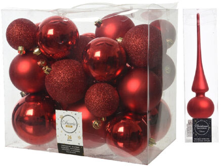 Decoris Kerstversiering kunststof kerstballen met piek rood 6-8-10 cm pakket van 27x stuks - Kerstbal