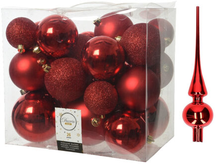 Decoris Kerstversiering kunststof kerstballen met piek rood 6-8-10 cm pakket van 27x stuks - Kerstbal