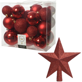 Decoris Kerstversiering kunststof kerstballen met piek rood 6-8-10 cm pakket van 27x stuks