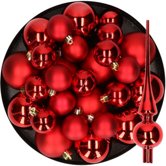 Decoris Kerstversiering kunststof kerstballen met piek rood 6-8-10 cm pakket van 37x stuks