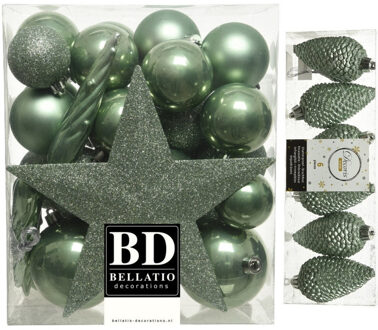 Decoris Kerstversiering kunststof kerstballen met piek salie groen 5-6-8 cm pakket van 39x stuks - Kerstbal