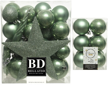 Decoris Kerstversiering kunststof kerstballen met piek salie groen 5-6-8 cm pakket van 45x stuks