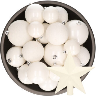 Decoris Kerstversiering kunststof kerstballen met piek winter wit 6-8-10 cm pakket van 27x stuks - Kerstbal