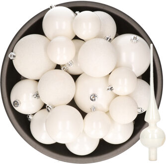 Decoris Kerstversiering kunststof kerstballen met piek winter wit 6-8-10 cm pakket van 27x stuks