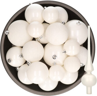 Decoris Kerstversiering kunststof kerstballen met piek winter wit 6-8-10 cm pakket van 27x stuks