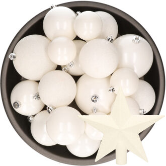 Decoris Kerstversiering kunststof kerstballen met piek winter wit 6-8-10 cm pakket van 27x stuks
