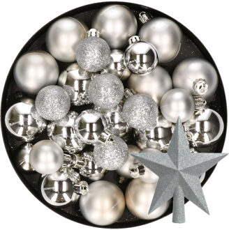 Decoris Kerstversiering kunststof kerstballen met piek zilver 4-5-6-8 cm pakket van 38x stuks