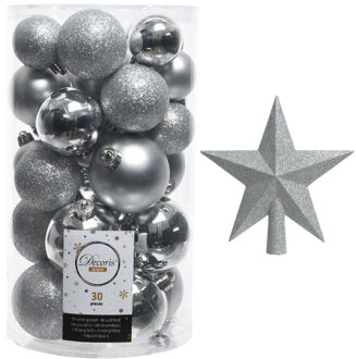 Decoris Kerstversiering kunststof kerstballen met piek zilver 4-5-6 cm pakket van 31x stuks