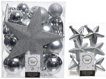 Decoris Kerstversiering kunststof kerstballen met piek zilver 5-6-8 cm pakket van 39x stuks - Kerstbal Zilverkleurig