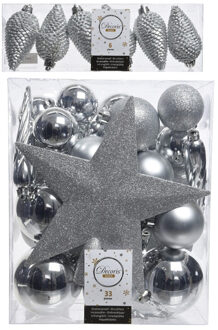 Decoris Kerstversiering kunststof kerstballen met piek zilver 5-6-8 cm pakket van 39x stuks - Kerstbal Zilverkleurig