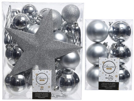 Decoris Kerstversiering kunststof kerstballen met piek zilver 5-6-8 cm pakket van 45x stuks