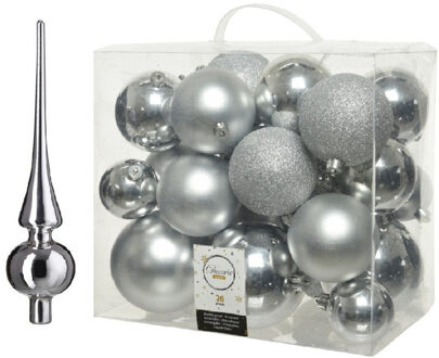 Decoris Kerstversiering kunststof kerstballen met piek zilver 6-8-10 cm pakket van 27x stuks - Kerstbal Zilverkleurig