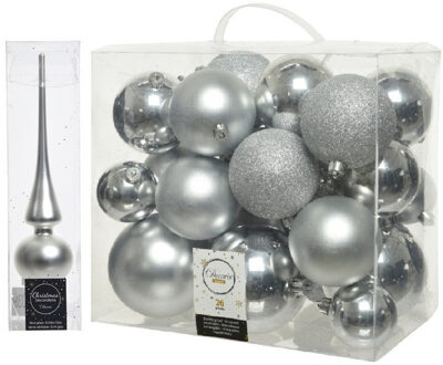 Decoris Kerstversiering kunststof kerstballen met piek zilver 6-8-10 cm pakket van 27x stuks - Kerstbal Zilverkleurig