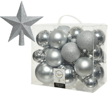 Decoris Kerstversiering kunststof kerstballen met piek zilver 6-8-10 cm pakket van 27x stuks