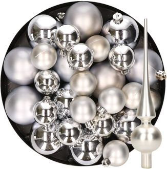 Decoris Kerstversiering kunststof kerstballen met piek zilver 6-8-10 cm pakket van 37x stuks