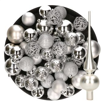 Decoris Kerstversiering kunststof kerstballen met piek zilver 6-8-10 cm pakket van 39x stuks - Kerstbal Zilverkleurig