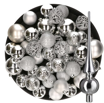 Decoris Kerstversiering kunststof kerstballen met piek zilver 6-8-10 cm pakket van 39x stuks