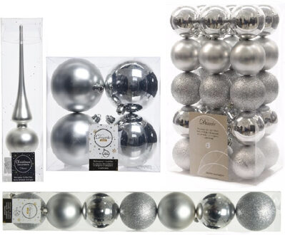 Decoris Kerstversiering kunststof kerstballen met piek zilver 6-8-10 cm pakket van 42x stuks