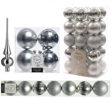 Decoris Kerstversiering kunststof kerstballen met piek zilver 6-8-10 cm pakket van 42x stuks