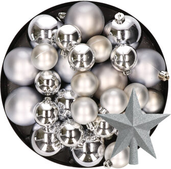 Decoris Kerstversiering kunststof kerstballen met piek zilver 6-8-10 cm pakket van 45x stuks - Kerstbal Zilverkleurig