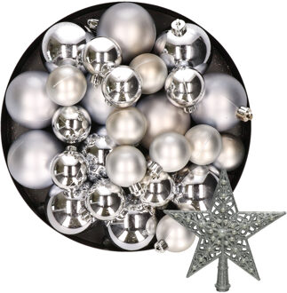 Decoris Kerstversiering kunststof kerstballen met piek zilver 6-8-10 cm pakket van 45x stuks - Kerstbal Zilverkleurig