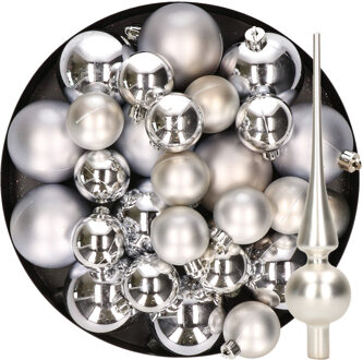 Decoris Kerstversiering kunststof kerstballen met piek zilver 6-8-10 cm pakket van 45x stuks
