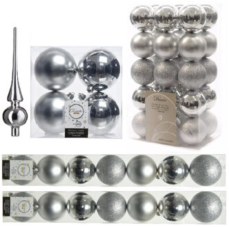 Decoris Kerstversiering kunststof kerstballen met piek zilver 6-8-10 cm pakket van 49x stuks
