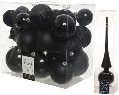 Decoris Kerstversiering kunststof kerstballen met piek zwart 6-8-10 cm pakket van 27x stuks