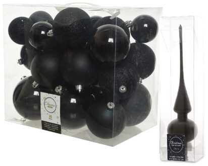 Decoris Kerstversiering kunststof kerstballen met piek zwart 6-8-10 cm pakket van 27x stuks