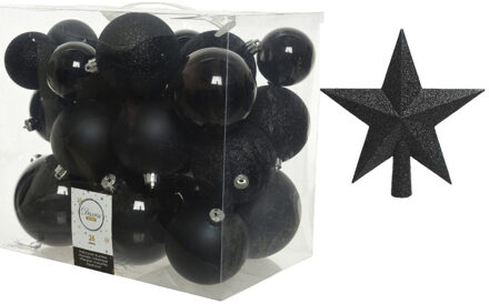 Decoris Kerstversiering kunststof kerstballen met piek zwart 6-8-10 cm pakket van 27x stuks